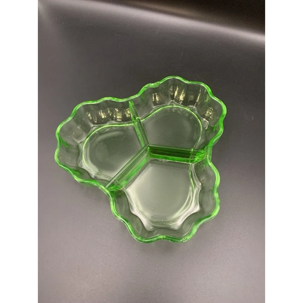 Vintage Green Uranium Glass Divided Nut Or Relish Tray